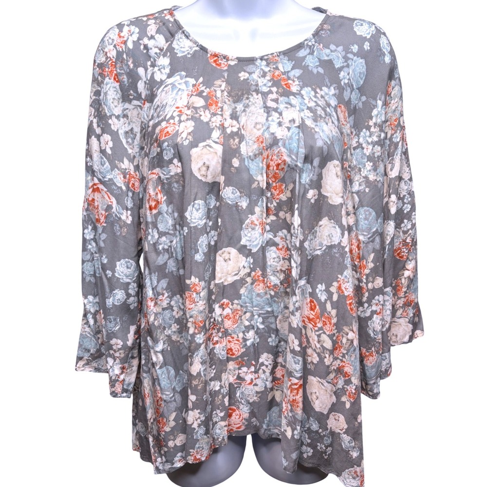 BCBGeneration Gray Floral Bell Sleeve Blouse Sz L Boho Cottagecore Shabby Chic
